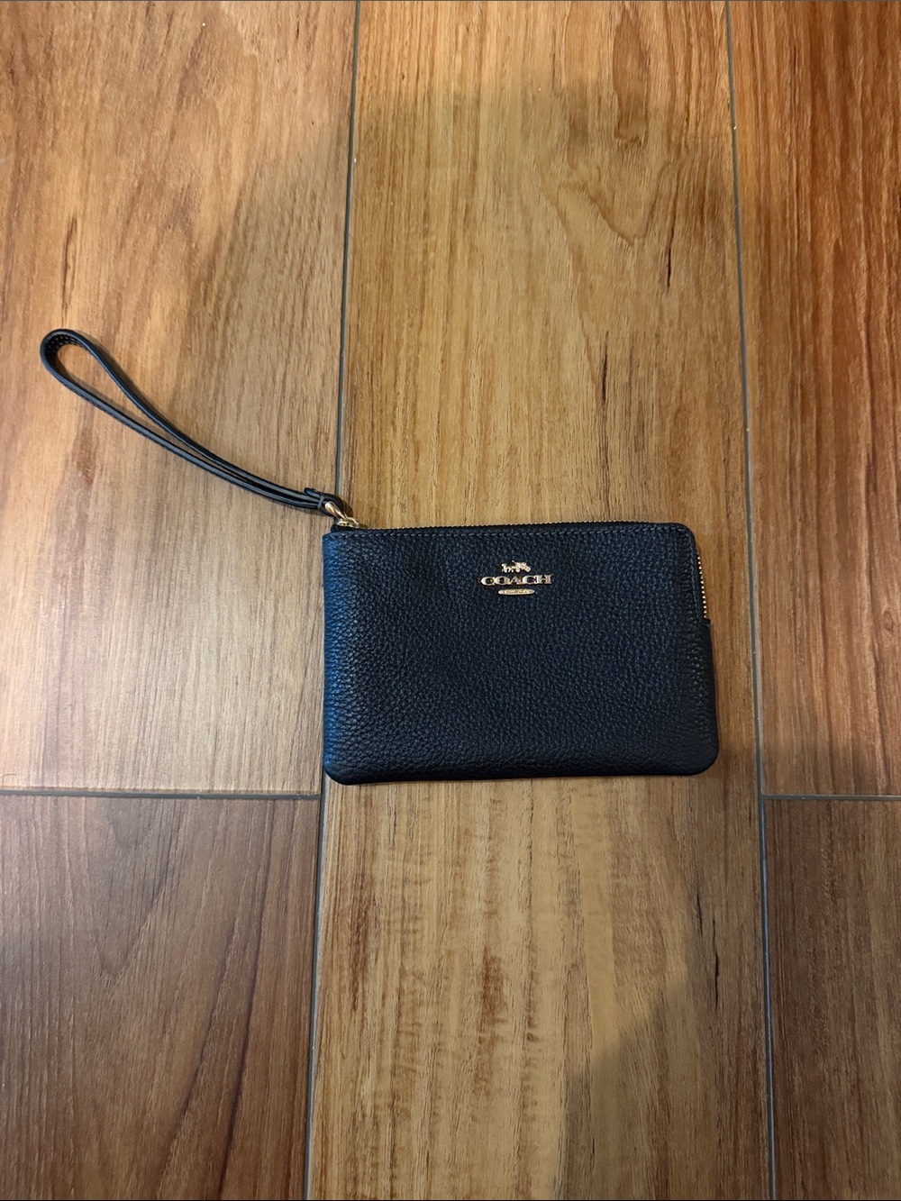 Coach Black Pebbled Leather Wristlet Card Holder with Gold Logo